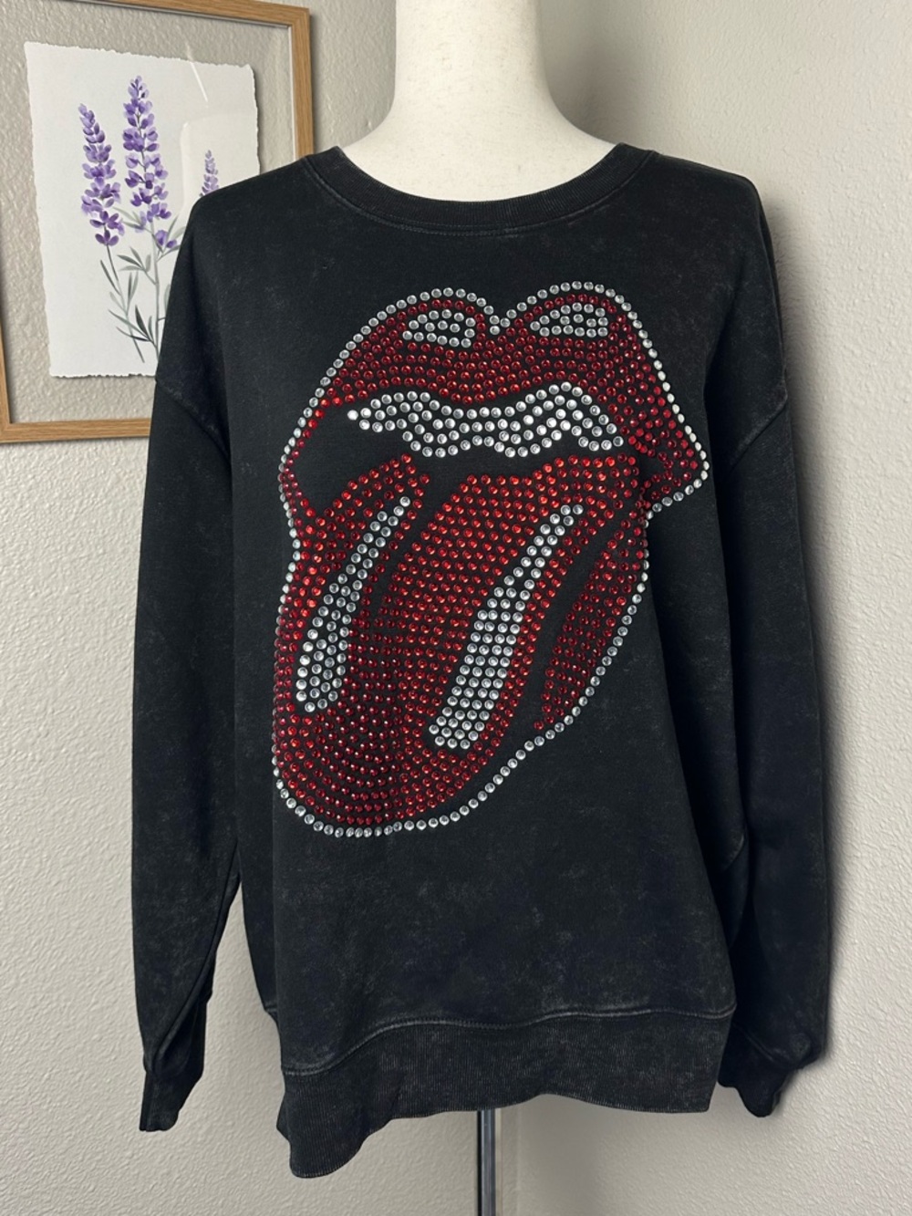 Rolling Stones Rhinestone Tongue Sweatshirt XL Black Distressed Crewneck